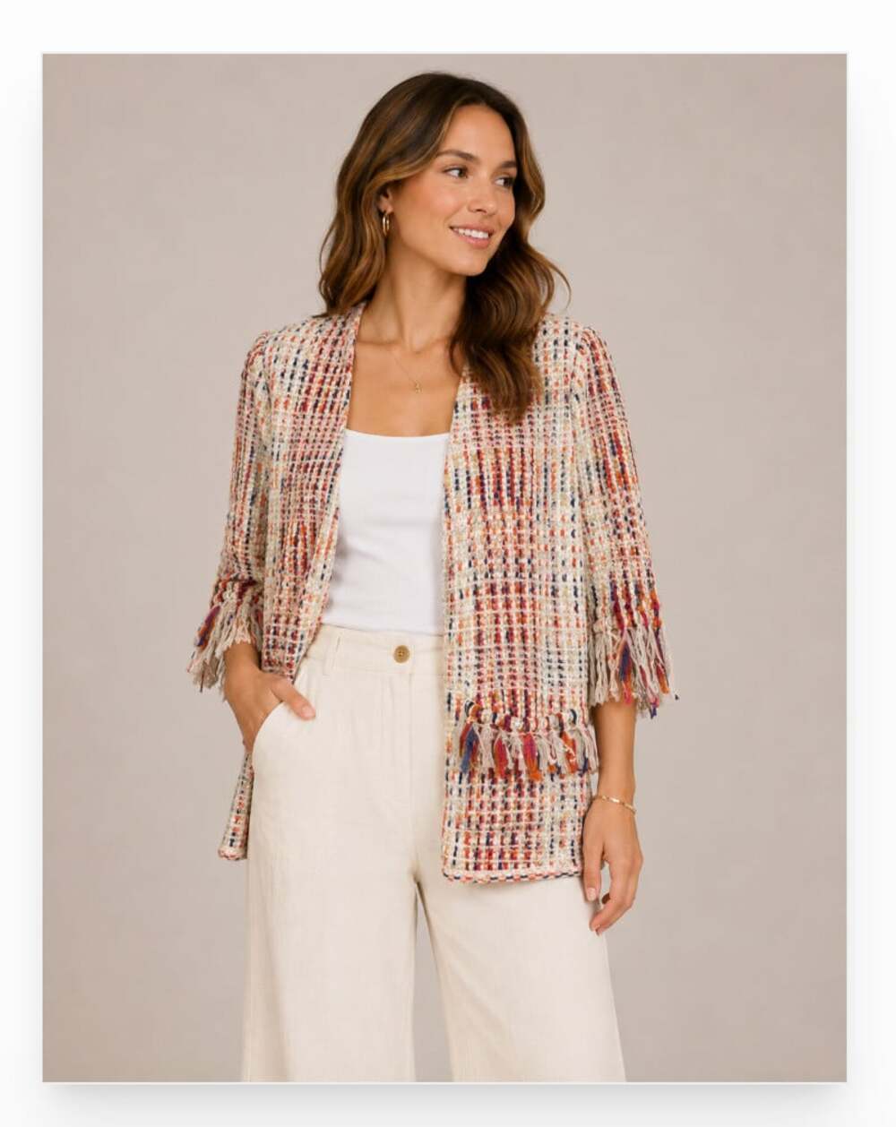 St John Jacket Womens 14 Multicolor Plaid Fringe Open Front Knit USA Short